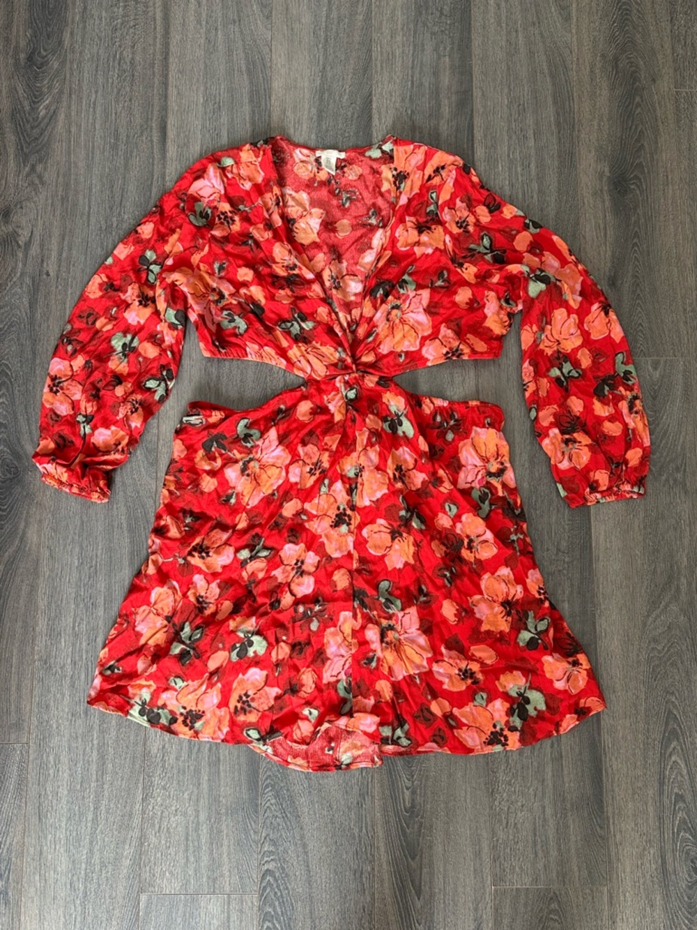 H&M Red Floral Tie-Front Mini Dress